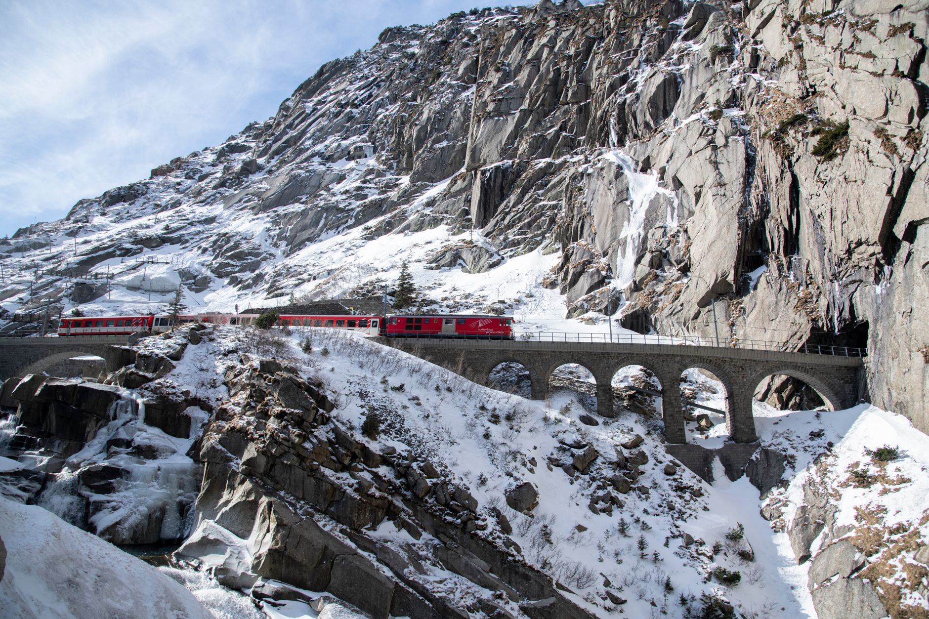 Swiss Alps Train Crossing Viaduct